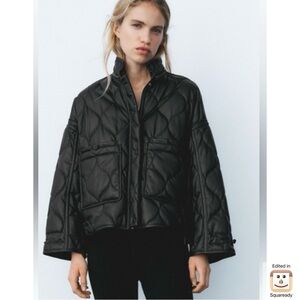 ZARA Black Faux Leather Oversized Quilted Bomber Jacket